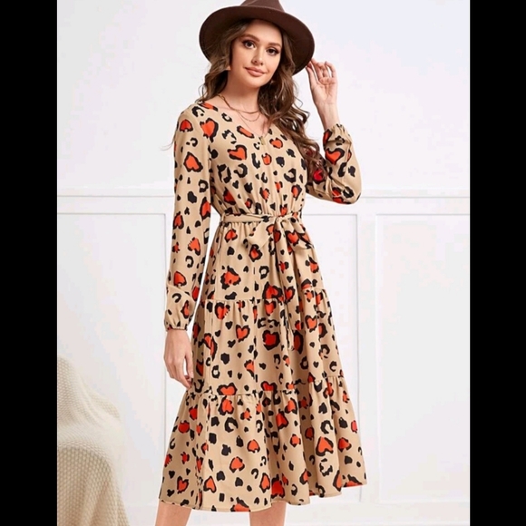 Leopard & Heart Print Ruffle Hem Belted Dress - Picture 1 of 8